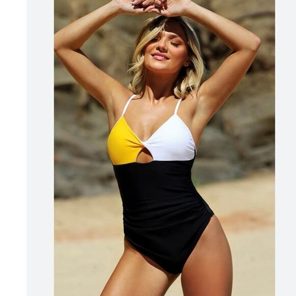 CUPSHE yellow and black color block one piece swimsuit size medium - Picture 1 of 4